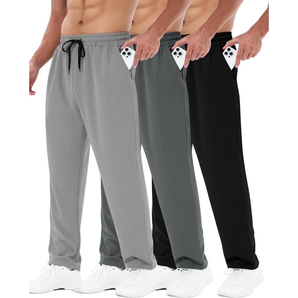 image3 Pack Mens Sweatpants with Pockets  Mesh Open Bottom Athletic Joggers for Men Loose Fit Gym Workout Running Casual Pants4blackDark GreyLight Grey