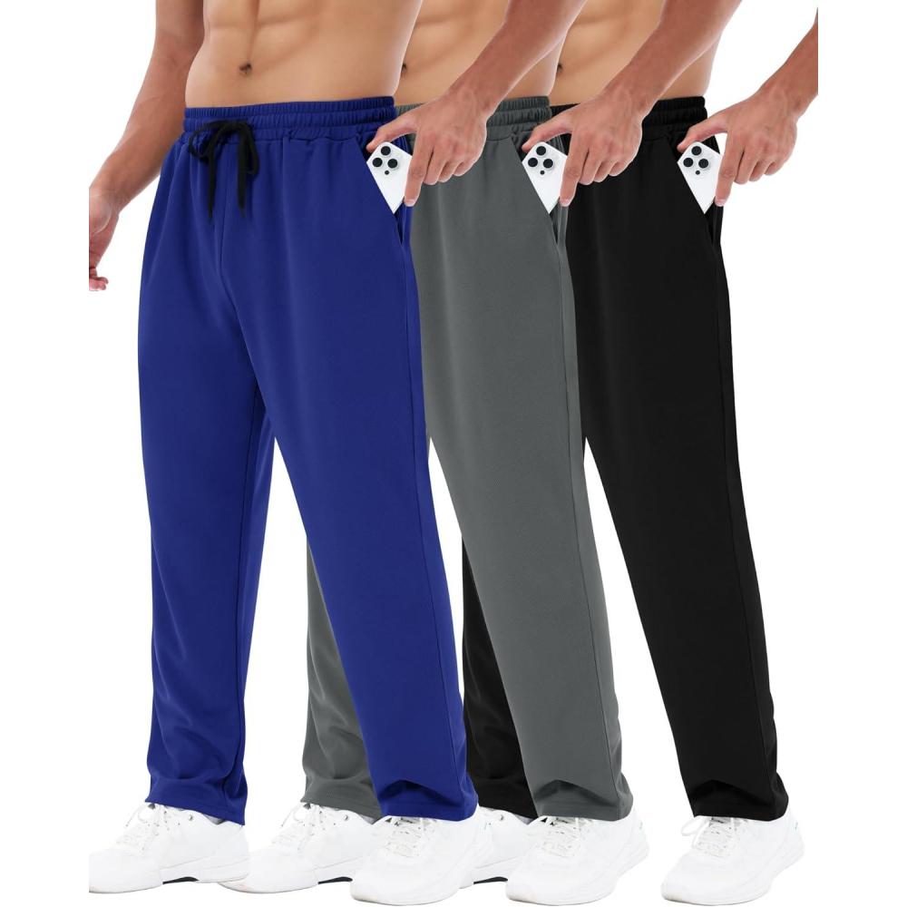 image3 Pack Mens Sweatpants with Pockets  Mesh Open Bottom Athletic Joggers for Men Loose Fit Gym Workout Running Casual Pants5blackNavy BlueRoyal Blue