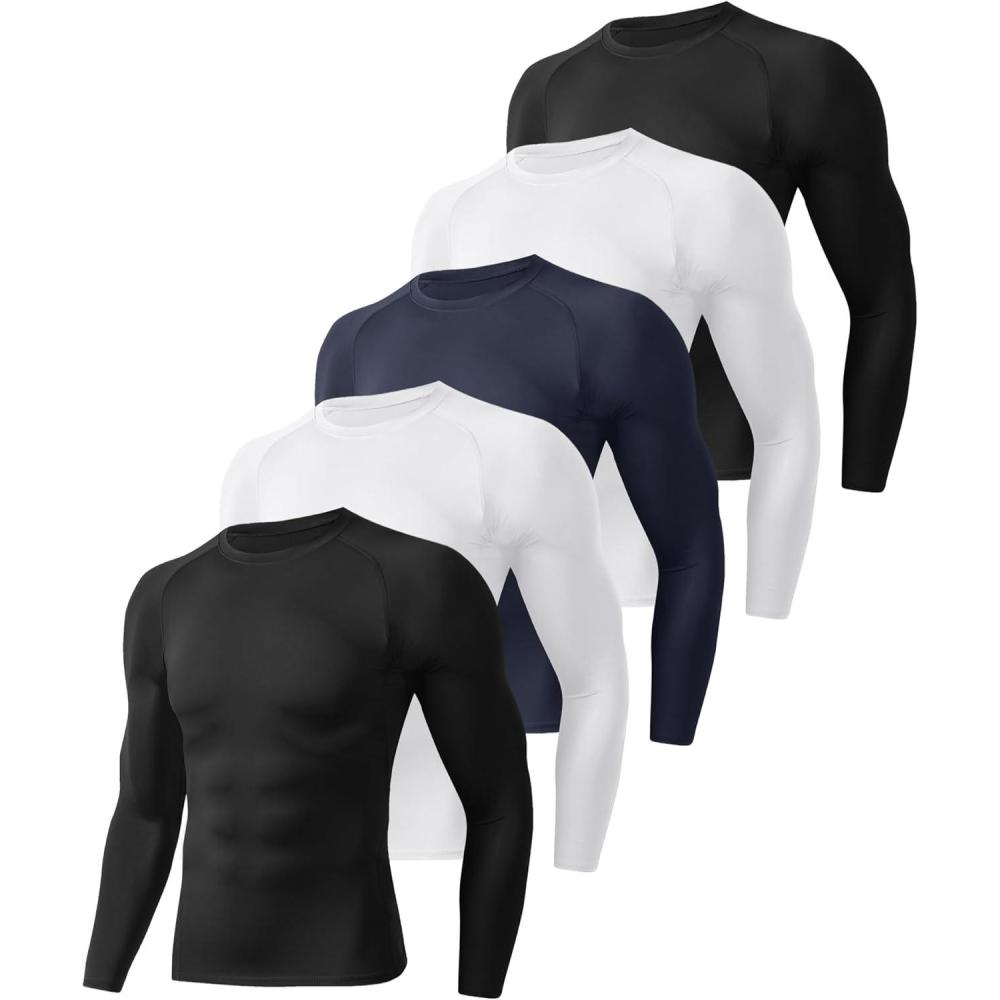 image5 Pack Long Sleeve Compression Shirts for Men  Black Quick Dry Workout Base Layer Undershirt Top for Athletic Gym Running3blackBlackWhiteWhiteNavy