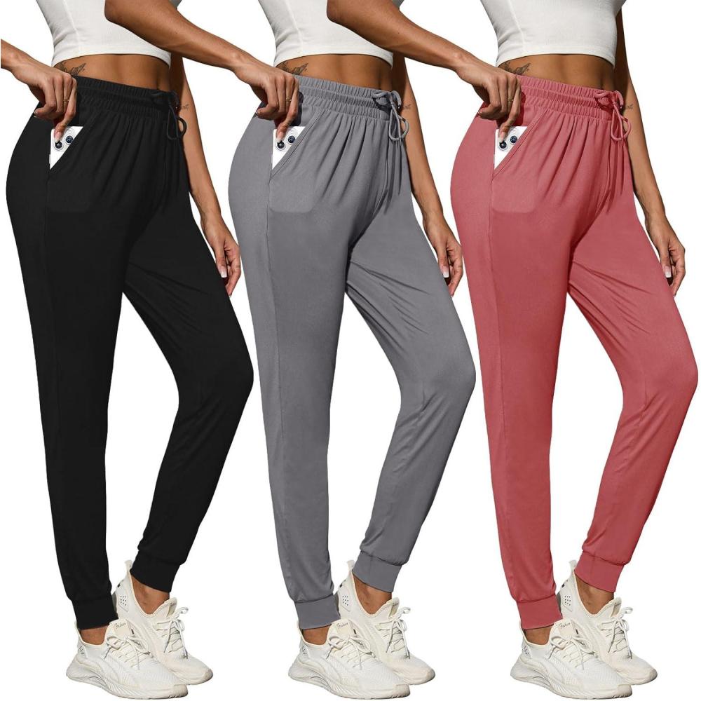 imageCE CERDR 31 Pack Lightweight Joggers for Women with Pockets Drawstring Athletic Sweatpants for Workout Yoga Running3 Pack Black dark Grey pink