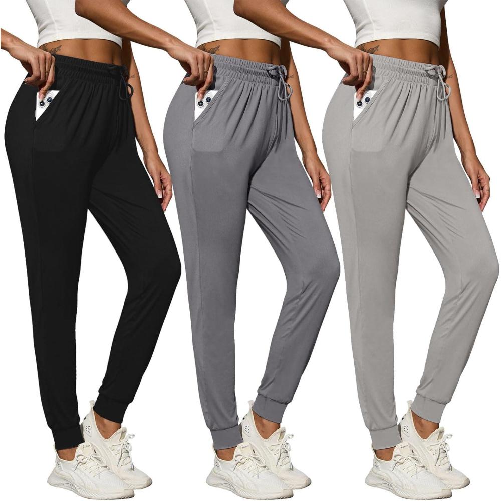 imageCE CERDR 31 Pack Lightweight Joggers for Women with Pockets Drawstring Athletic Sweatpants for Workout Yoga Running3 Pack Black drak Grey light Grey