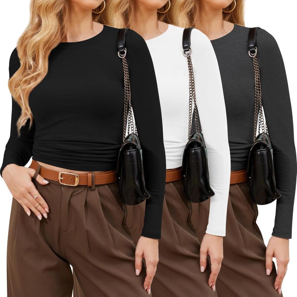 imageCE CERDR 35 Pack Womens Long Sleeve Shirts Crew Neck Basic Tees Tight Fitted Casual Going Out Stretchy Slim Tops3 Pack Black  White  Dark Grey