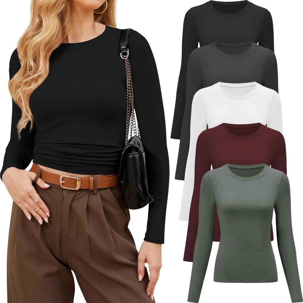 imageCE CERDR 35 Pack Womens Long Sleeve Shirts Crew Neck Basic Tees Tight Fitted Casual Going Out Stretchy Slim Tops5 Pack Black  White  Dark Red  Olive Green  Dark Grey
