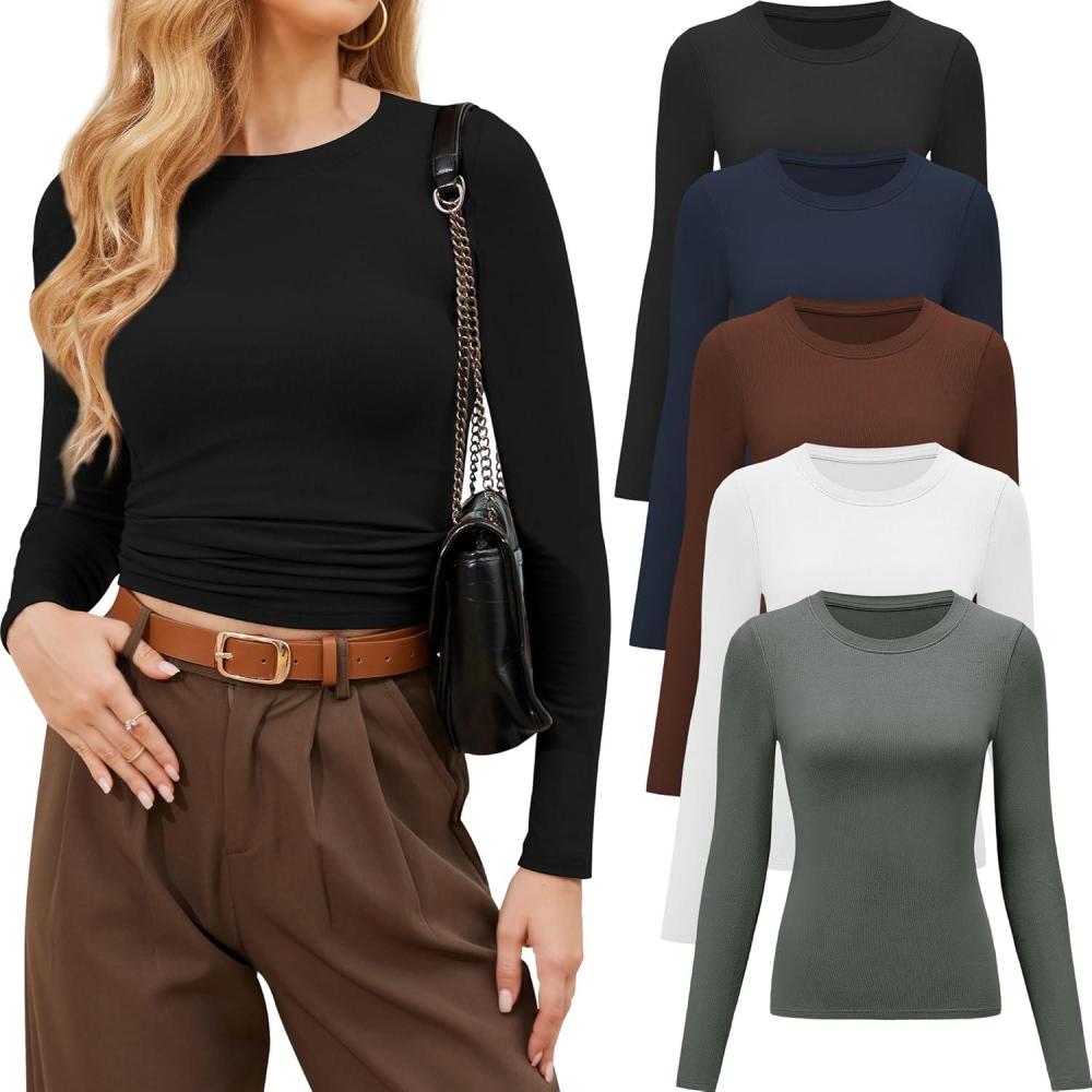 imageCE CERDR 35 Pack Womens Long Sleeve Shirts Crew Neck Basic Tees Tight Fitted Casual Going Out Stretchy Slim Tops5 Pack Black  White  Navy  Coffee  Olive Green