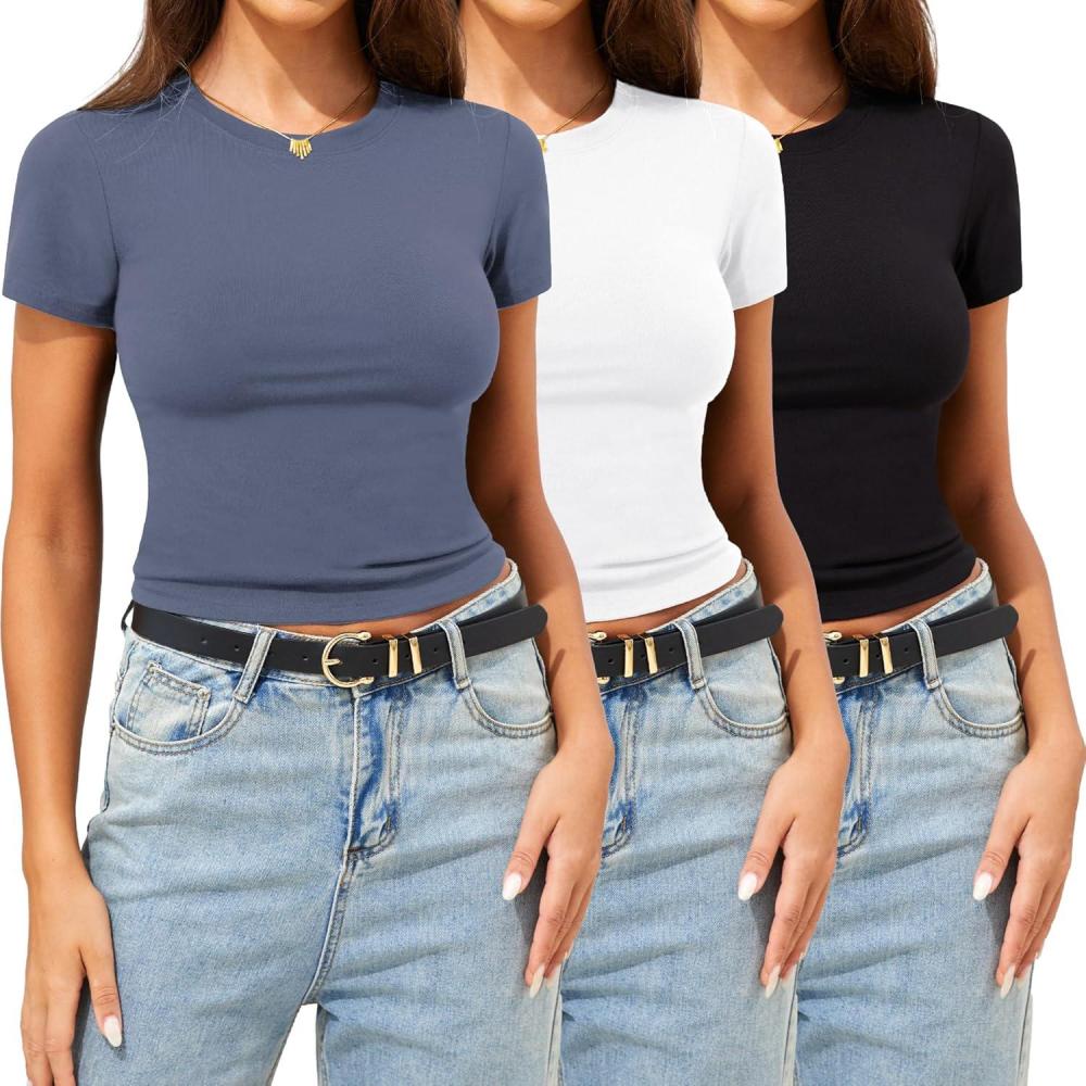 imageCE CERDR 35 Pack Womens T Shirts Crew Neck Short Sleeve Shirts for Women Casual Basic Fitted Stretchy Tee Tops3 Pack Black  White  Dark Blue