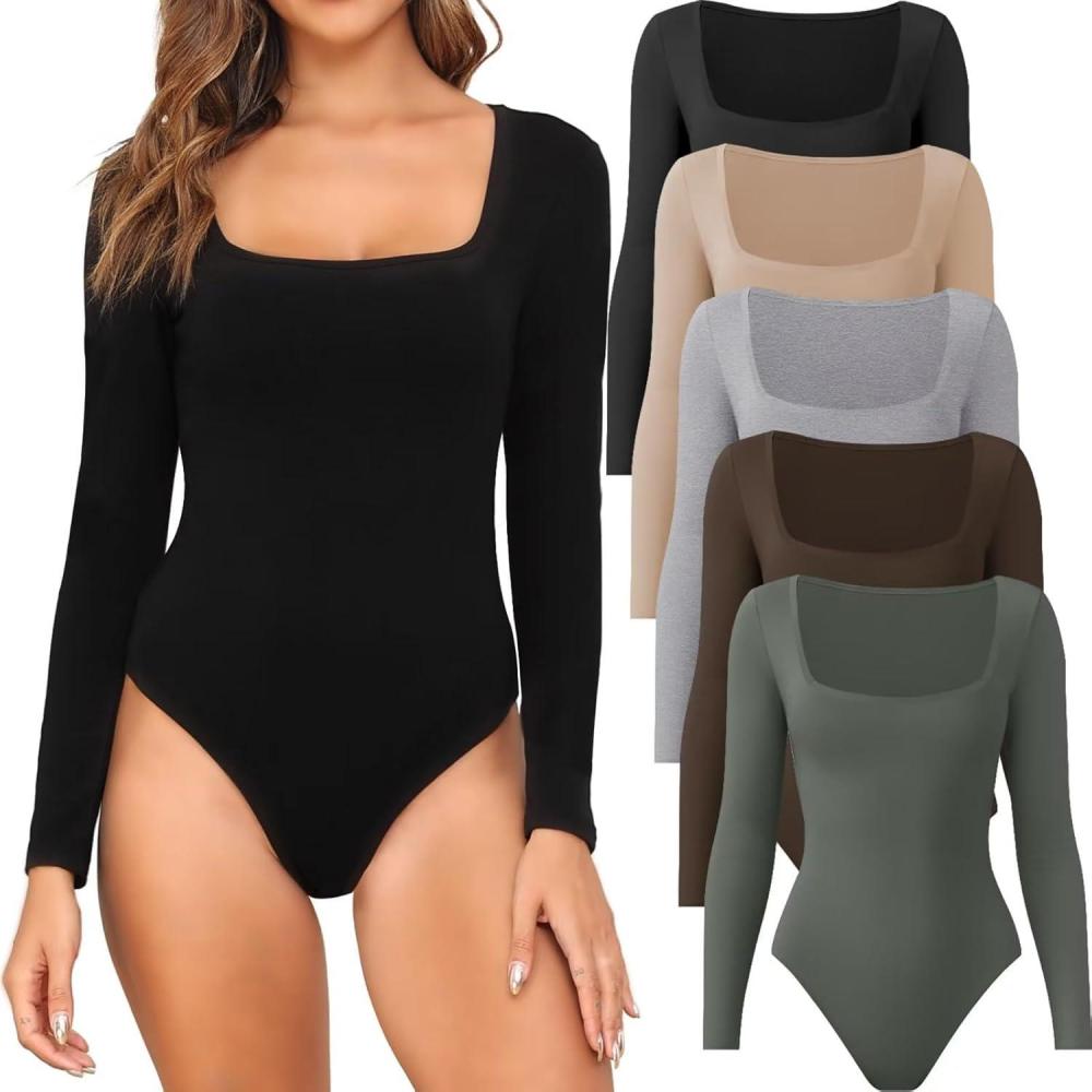 imageCE CERDR 45 Pack Long Sleeve Body Suits Womens Square Neck Bodysuits Basic Shirts Stretchy Fitted TopsBlack  Nude  Light Grey  Olive Green  Coffee
