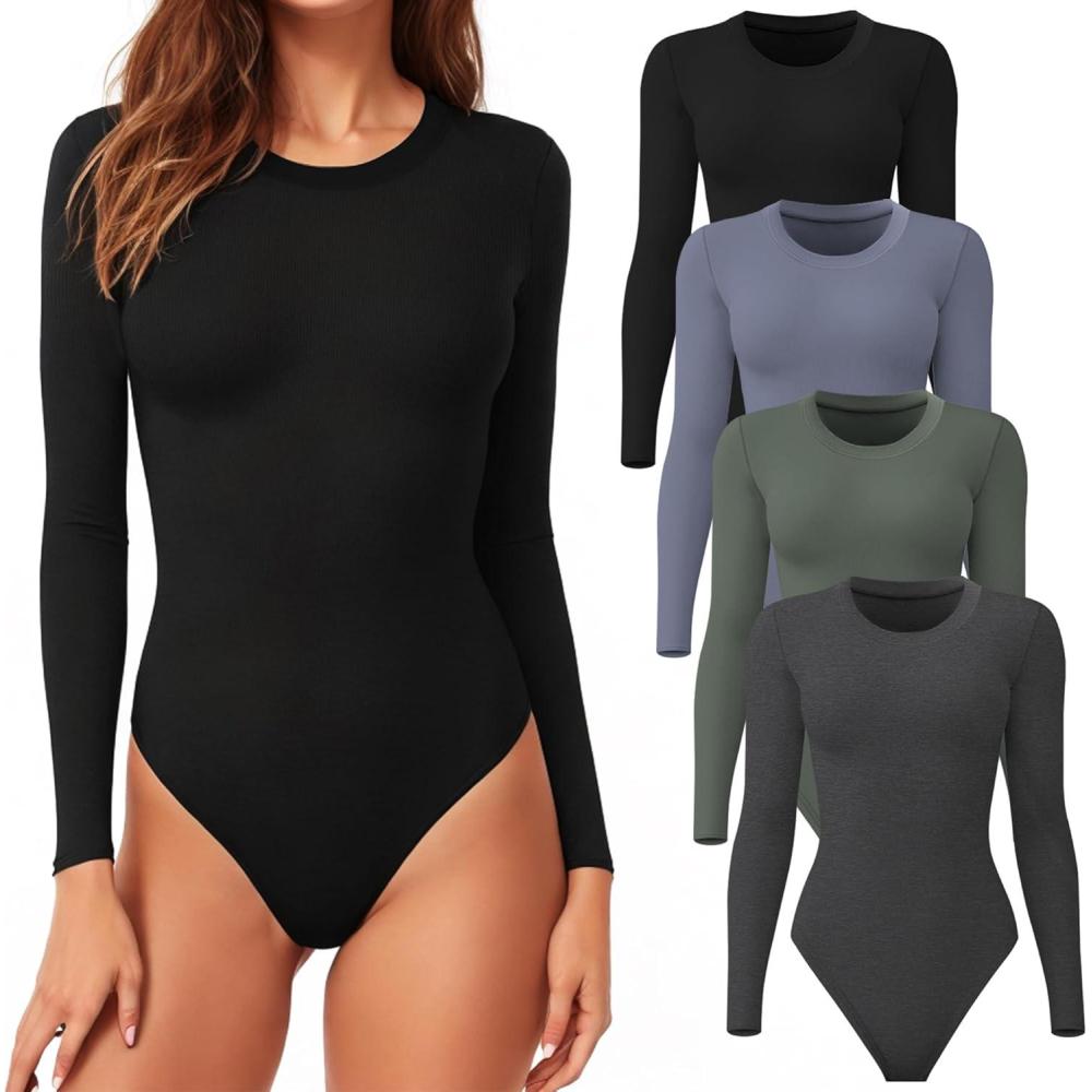 imageCE CERDR 45 Pack Long Sleeve Bodysuit for Women Round Neck Casual Stretchy Basic Shirts Crew Neck Body Suits Tops4 Packblack dark Grey dark Blue olive Green