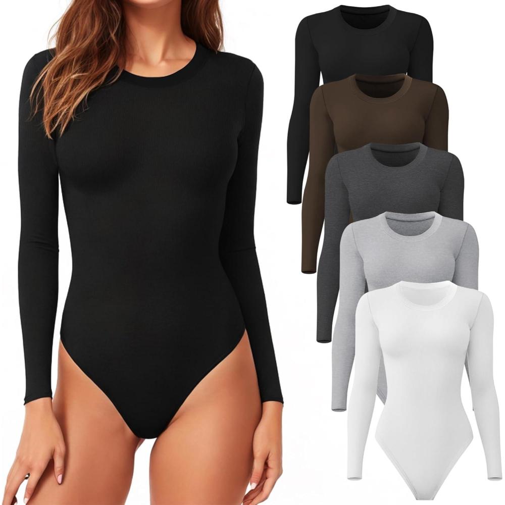 imageCE CERDR 45 Pack Long Sleeve Bodysuit for Women Round Neck Casual Stretchy Basic Shirts Crew Neck Body Suits Tops5 Packblack white dark Grey light Grey coffee