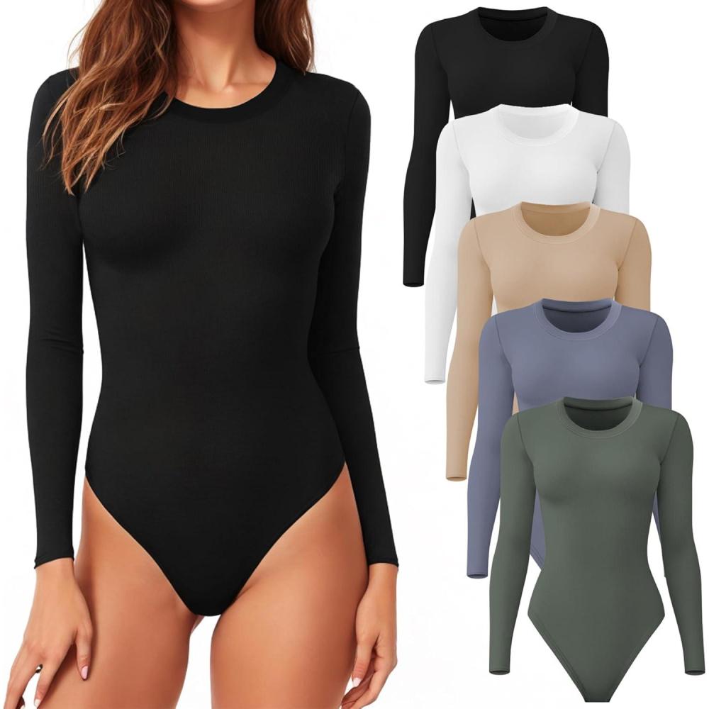 imageCE CERDR 45 Pack Long Sleeve Bodysuit for Women Round Neck Casual Stretchy Basic Shirts Crew Neck Body Suits Tops5 Packblack white nude dark Blue olive Green