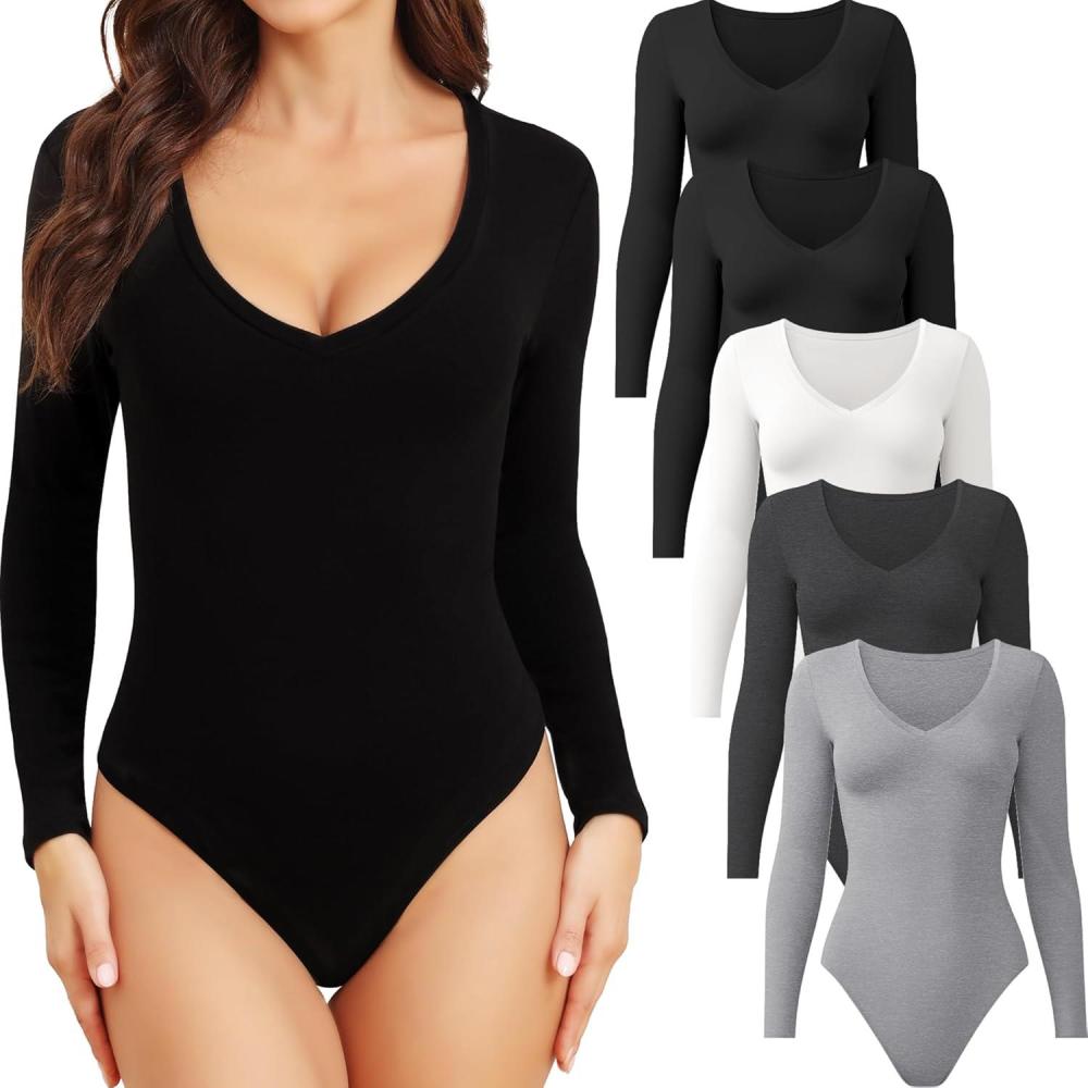 imageCE CERDR 5 Pack Long Sleeve Bodysuits for Women Deep V Neck Stretchy Basic Body Suit Tops5 Pack Black  Black  White  Dark Grey  Light Grey