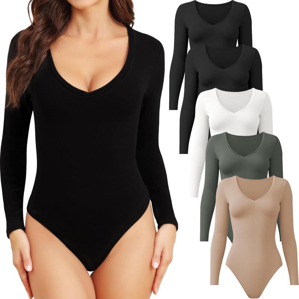 imageCE CERDR 5 Pack Long Sleeve Bodysuits for Women Deep V Neck Stretchy Basic Body Suit Tops5 Pack Black  Black  White  Olive Green  Nude