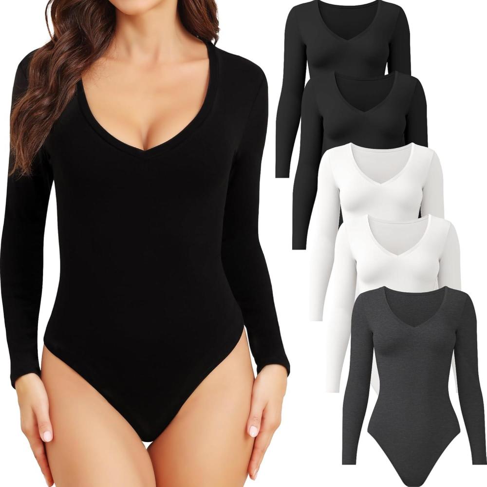 imageCE CERDR 5 Pack Long Sleeve Bodysuits for Women Deep V Neck Stretchy Basic Body Suit Tops5 Pack Black  Black  White  White  Dark Grey