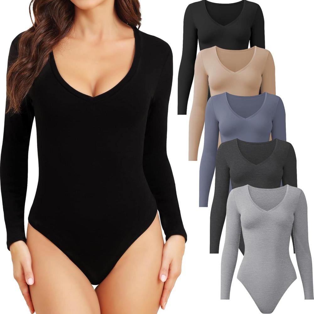imageCE CERDR 5 Pack Long Sleeve Bodysuits for Women Deep V Neck Stretchy Basic Body Suit Tops5 Pack Black  Nude  Dark Blue  Dark Grey  Light Grey