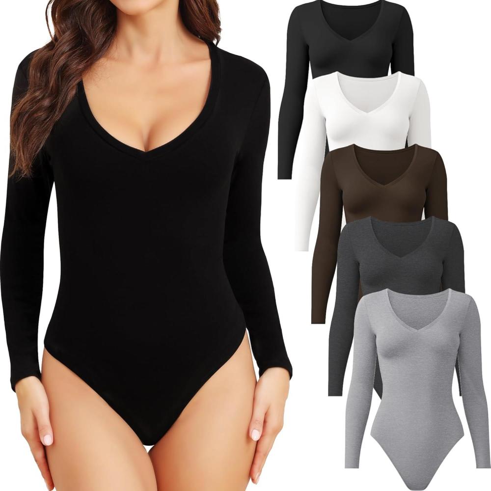 imageCE CERDR 5 Pack Long Sleeve Bodysuits for Women Deep V Neck Stretchy Basic Body Suit Tops5 Pack Black  White  Dark Grey  Light Grey  Coffee