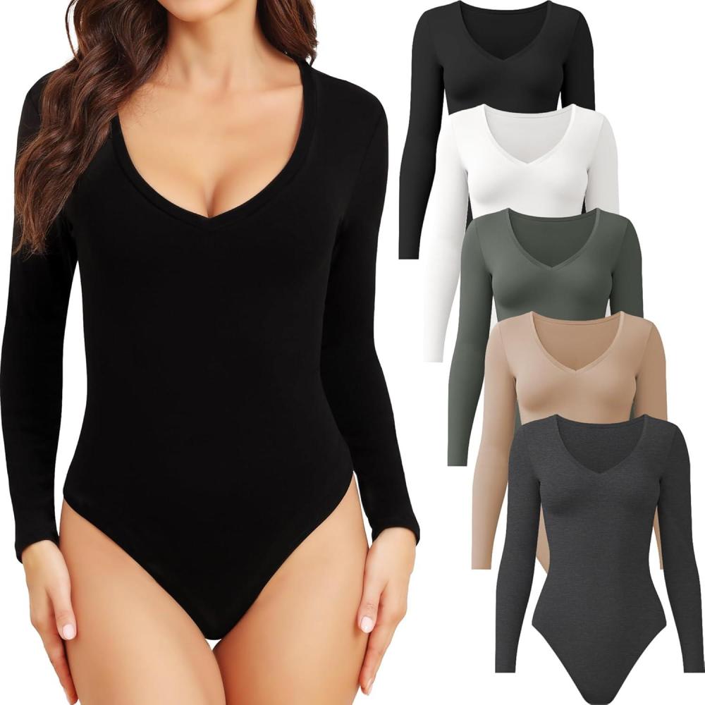 imageCE CERDR 5 Pack Long Sleeve Bodysuits for Women Deep V Neck Stretchy Basic Body Suit Tops5 Pack Black  White  Olive Green  Nude  Dark Grey