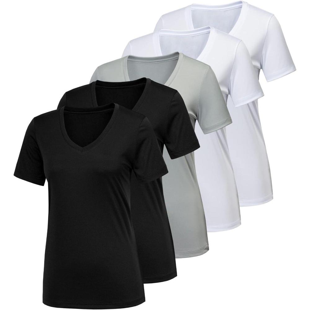 imageCE CERDR 57 Pack Workout Shirts for Women Moisture Wicking Quick Dry Active Athletic Womens Gym Performance T Shirts5 Pack Black  Black  White  White  Light Grey