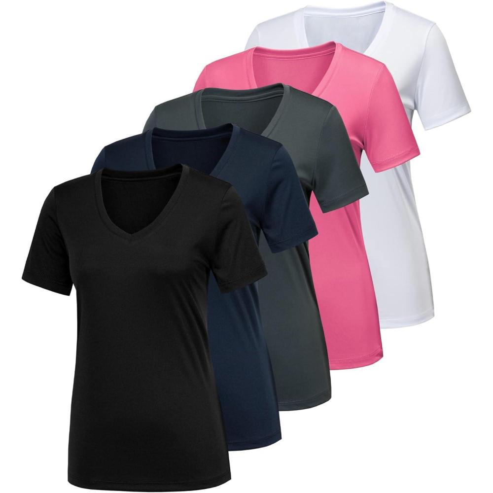 imageCE CERDR 57 Pack Workout Shirts for Women Moisture Wicking Quick Dry Active Athletic Womens Gym Performance T Shirts5 Pack Black  White  Dark Grey  Navy  Pink