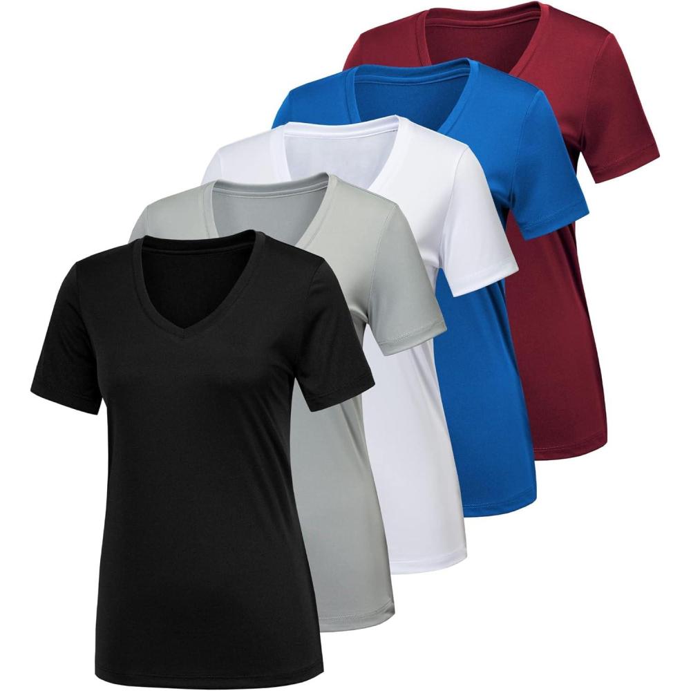 imageCE CERDR 57 Pack Workout Shirts for Women Moisture Wicking Quick Dry Active Athletic Womens Gym Performance T Shirts5 Pack Black  White  Light Grey  Blue  Red