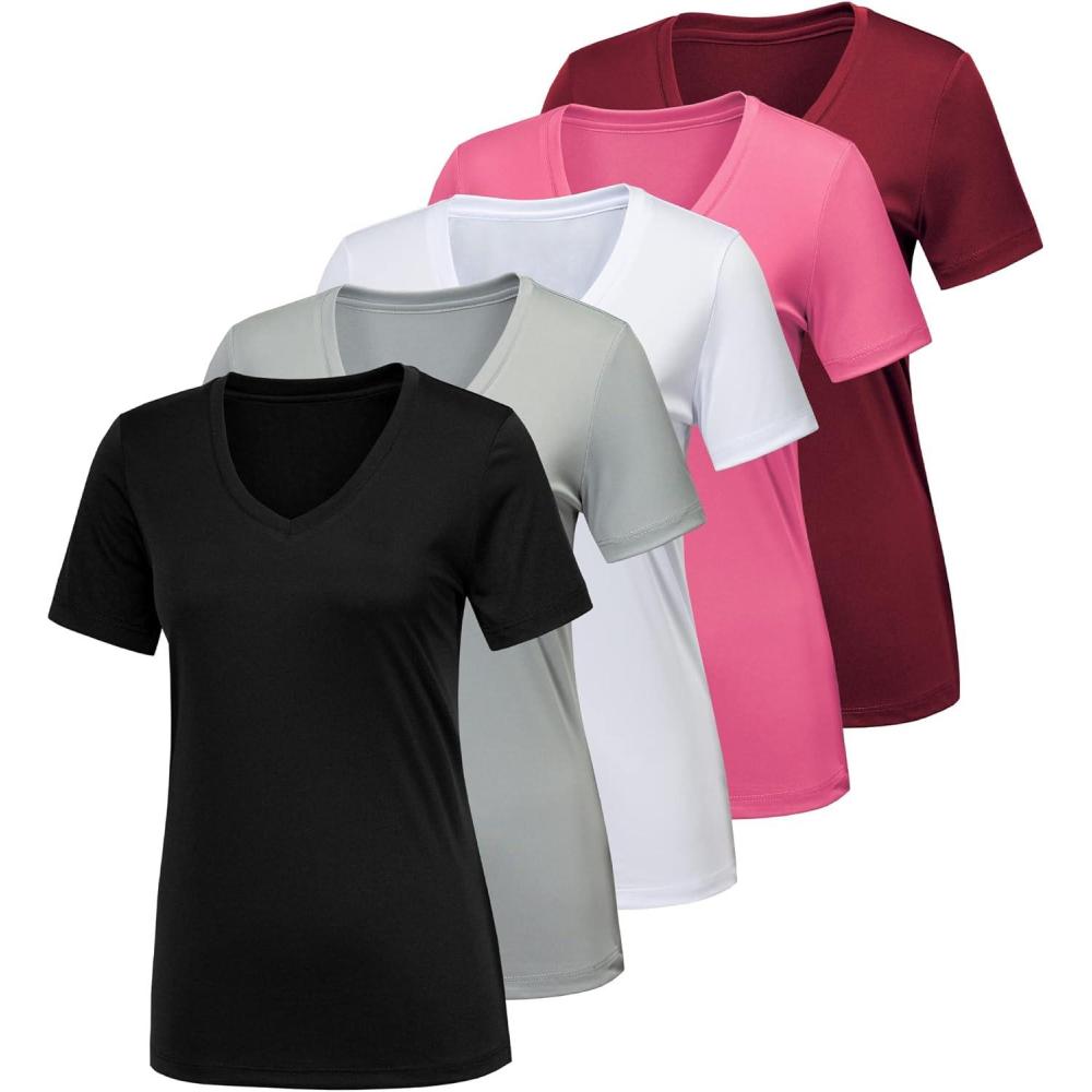 imageCE CERDR 57 Pack Workout Shirts for Women Moisture Wicking Quick Dry Active Athletic Womens Gym Performance T Shirts5 Pack Black  White  Light Grey  Pink  Dark Red