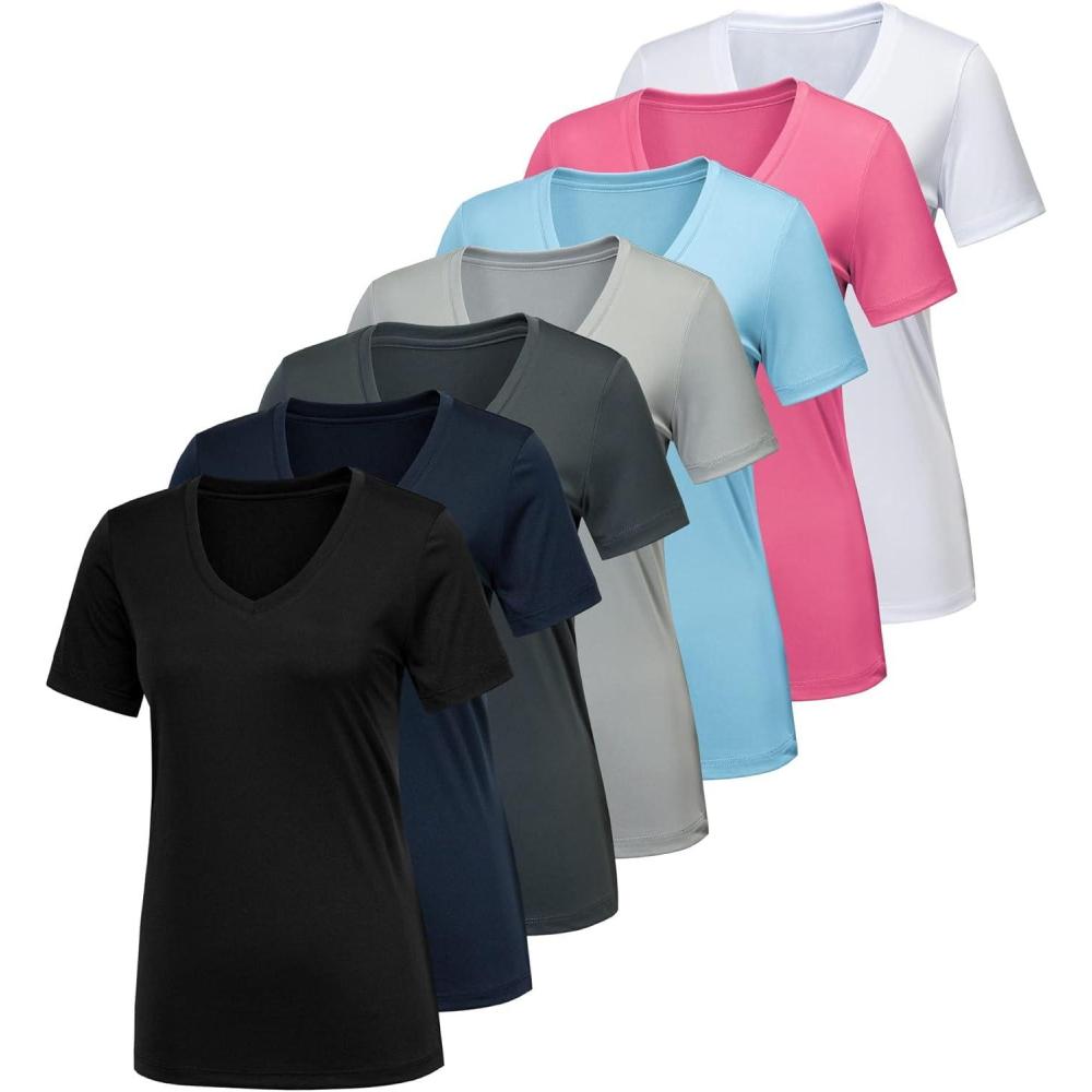 imageCE CERDR 57 Pack Workout Shirts for Women Moisture Wicking Quick Dry Active Athletic Womens Gym Performance T Shirts7 Pack Black  White  Dark Grey  Light Grey  Navy  Light Blue  Pink