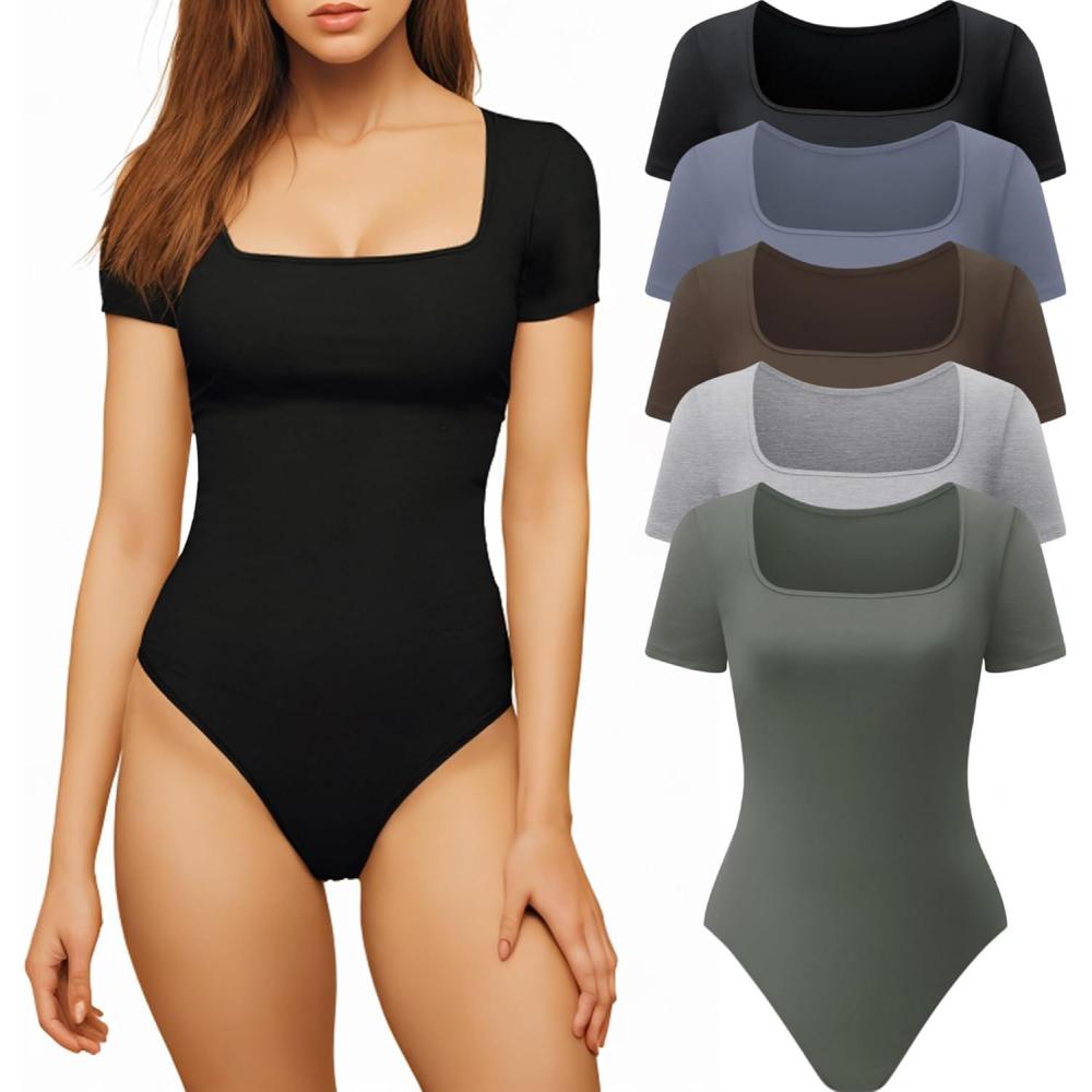 imageCE CERDR Womens 5 Pack Short Sleeve Bodysuits Square Neck Tshirt Basic Casual Tops Body suit5 Pack Black  Light Grey  Coffee  Olive Green  Dark Blue