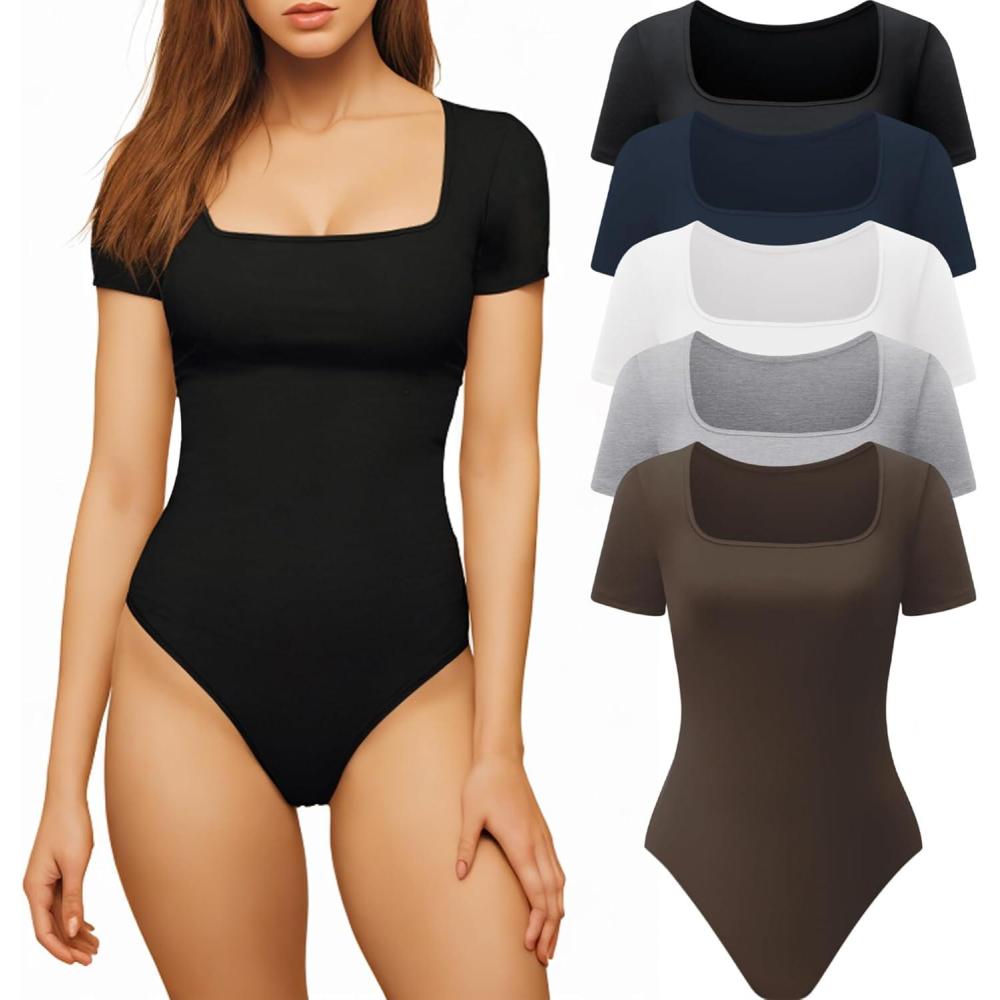 imageCE CERDR Womens 5 Pack Short Sleeve Bodysuits Square Neck Tshirt Basic Casual Tops Body suit5 Pack Black  White  Light Grey  Navy  Coffee