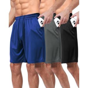 3 Pack Gym Basketball Mens Shorts – Quick Dry Black Workout Athletic Shorts with Pockets for Casual Running (S-6XL)(Black/Dark Grey/Royal Blue)