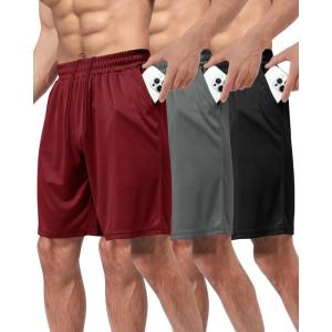 3 Pack Gym Basketball Mens Shorts – Quick Dry Black Workout Athletic Shorts with Pockets for Casual Running (S-6XL)(Black/Dark Grey/Wine)