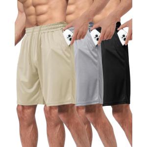 3 Pack Gym Basketball Mens Shorts – Quick Dry Black Workout Athletic Shorts with Pockets for Casual Running (S-6XL)(Black/Light Grey/Light Khaki)