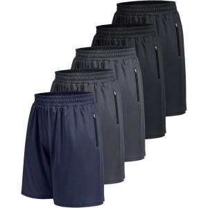 5 Pack Athletic Basketball Mens Shorts with Zipper Pockets – Lightweight Quick Dry Gym Workout Running Shorts for Men(4-black/Black/Dark Grey/Dark Grey/Navy Blue)