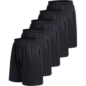 5 Pack Athletic Basketball Mens Shorts with Zipper Pockets – Lightweight Quick Dry Gym Workout Running Shorts for Men(5-black/Black/Black/Black/Black)