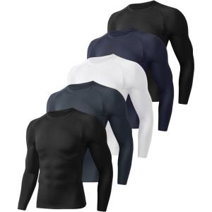 5 Pack Long Sleeve Compression Shirts for Men – Black Quick Dry Workout Base Layer Undershirt Top for Athletic Gym Running(1-black/Black/White/Navy/Dark Grey)