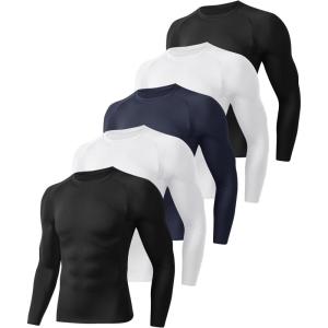 5 Pack Long Sleeve Compression Shirts for Men – Black Quick Dry Workout Base Layer Undershirt Top for Athletic Gym Running(3-black/Black/White/White/Navy)
