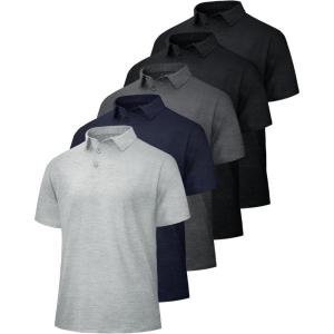 5 Pack Polo Shirts for Men – Quick Dry Moisture Wicking Performance Short Sleeve Mens Golf Shirts for Work Athletic(2-black*2/Dark Grey/Light Grey/Navy Blue)