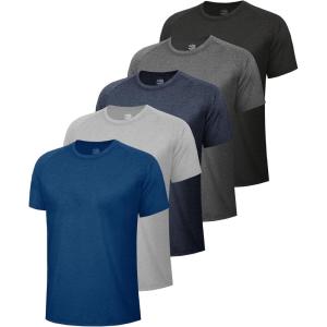 5 Pack Workout Shirts for Men-Quick Dry Black Gym Moisture Wicking Short Sleeve T-Shirts for Running Athletic Casual(3-heather Black/Dark Grey/Navy/Light Grey/Dark Blue)