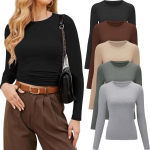 CE’ CERDR 3/5 Pack Womens Long Sleeve Shirts Crew Neck Basic Tees Tight Fitted Casual Going Out Stretchy Slim Tops(5 Pack Black  Nude  Light Grey  Olive Green  Coffee)