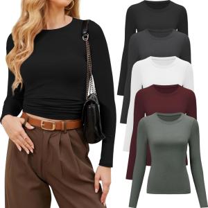CE’ CERDR 3/5 Pack Womens Long Sleeve Shirts Crew Neck Basic Tees Tight Fitted Casual Going Out Stretchy Slim Tops(5 Pack Black  White  Dark Red  Olive Green  Dark Grey)