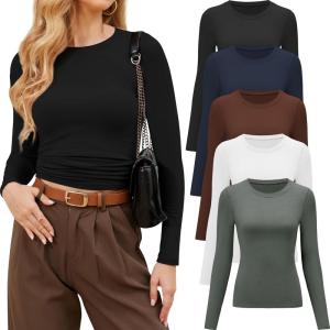 CE’ CERDR 3/5 Pack Womens Long Sleeve Shirts Crew Neck Basic Tees Tight Fitted Casual Going Out Stretchy Slim Tops(5 Pack Black  White  Navy  Coffee  Olive Green)