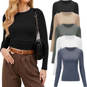CE’ CERDR 3/5 Pack Womens Long Sleeve Shirts Crew Neck Basic Tees Tight Fitted Casual Going Out Stretchy Slim Tops(5 Pack Black  White  Nude  Olive Green  Dark Blue)