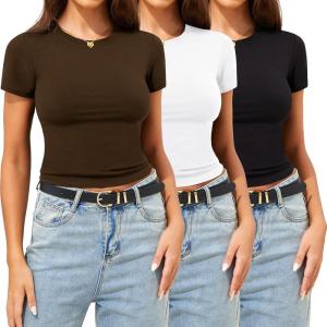 CE’ CERDR 3/5 Pack Womens T Shirts Crew Neck Short Sleeve Shirts for Women Casual Basic Fitted Stretchy Tee Tops(3 Pack Black  White  Coffee)