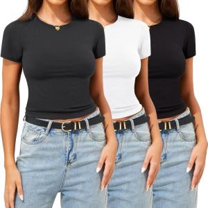 CE’ CERDR 3/5 Pack Womens T Shirts Crew Neck Short Sleeve Shirts for Women Casual Basic Fitted Stretchy Tee Tops(3 Pack Black  White  Dark Grey)