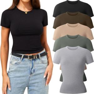 CE’ CERDR 3/5 Pack Womens T Shirts Crew Neck Short Sleeve Shirts for Women Casual Basic Fitted Stretchy Tee Tops(5 Pack Black  Nude  Light Grey  Olive Green  Coffee)