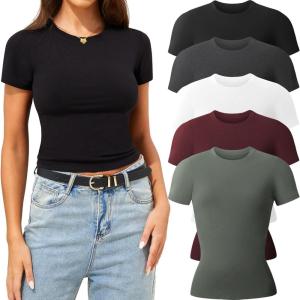 CE’ CERDR 3/5 Pack Womens T Shirts Crew Neck Short Sleeve Shirts for Women Casual Basic Fitted Stretchy Tee Tops(5 Pack Black  White  Dark Red  Olive Green  Dark Grey)