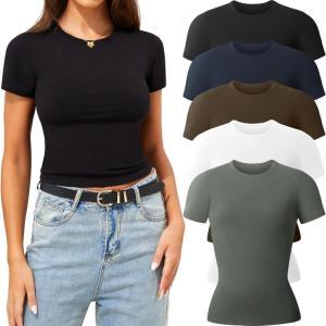CE’ CERDR 3/5 Pack Womens T Shirts Crew Neck Short Sleeve Shirts for Women Casual Basic Fitted Stretchy Tee Tops(5 Pack Black  White  Navy  Coffee  Olive Green)