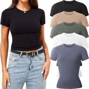 CE’ CERDR 3/5 Pack Womens T Shirts Crew Neck Short Sleeve Shirts for Women Casual Basic Fitted Stretchy Tee Tops(5 Pack Black  White  Nude  Olive Green  Dark Blue)