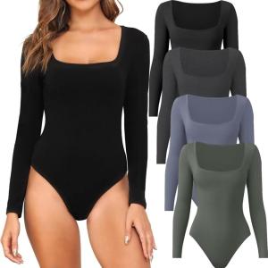 CE’ CERDR 4/5 Pack Long Sleeve Body Suits Womens Square Neck Bodysuits Basic Shirts Stretchy Fitted Tops(Black  Dark Grey  Dark Blue  Olive Green)