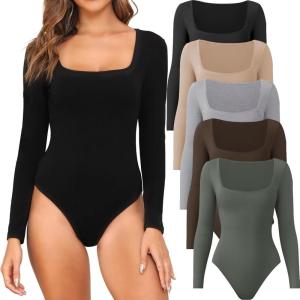 CE’ CERDR 4/5 Pack Long Sleeve Body Suits Womens Square Neck Bodysuits Basic Shirts Stretchy Fitted Tops(Black  Nude  Light Grey  Olive Green  Coffee)