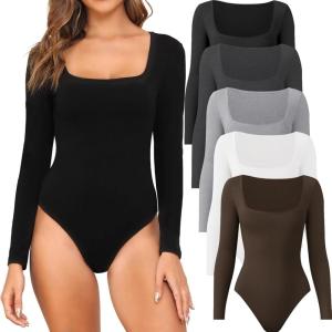 CE’ CERDR 4/5 Pack Long Sleeve Body Suits Womens Square Neck Bodysuits Basic Shirts Stretchy Fitted Tops(Black  White  Dark Grey  Light Grey  Coffee)