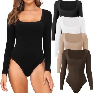 CE’ CERDR 4/5 Pack Long Sleeve Body Suits Womens Square Neck Bodysuits Basic Shirts Stretchy Fitted Tops(Black  White  Nude  Coffee)