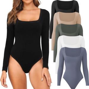CE’ CERDR 4/5 Pack Long Sleeve Body Suits Womens Square Neck Bodysuits Basic Shirts Stretchy Fitted Tops(Black  White  Nude  Dark Blue  Olive Green)